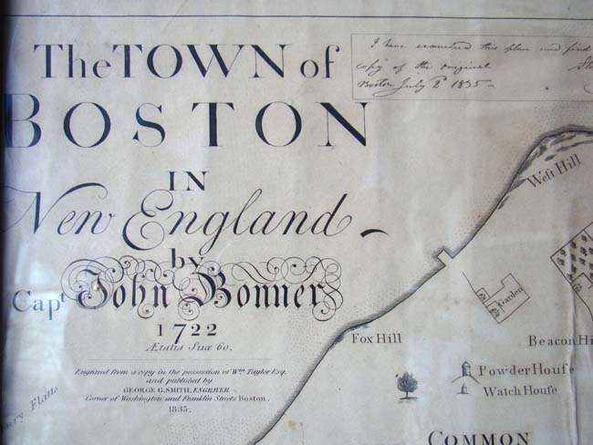 A fine "Map of the Town of Boston in New England" by John Bonner in 1722 and reproduced and published by George Smith in 1835.